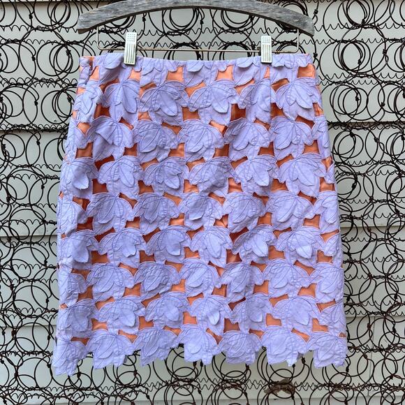 Milly of New York Purple Leaf Lace Applique Coral Underlay  Mini Skirt 3D Size 4 - Picture 3 of 8